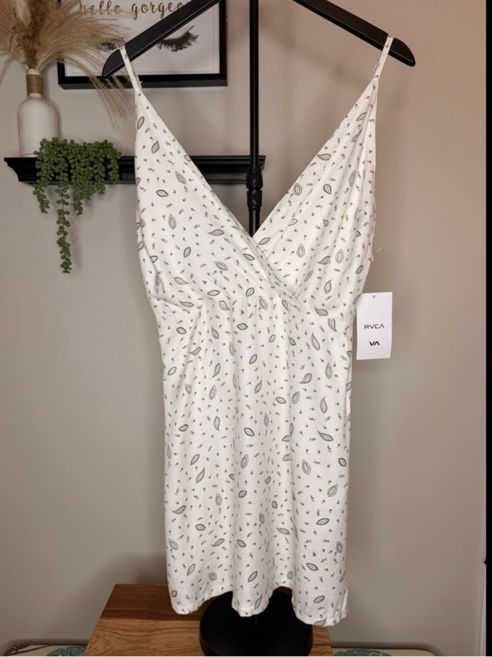 RVCA White Mini Slip Dress with Small Gray Paisley Print